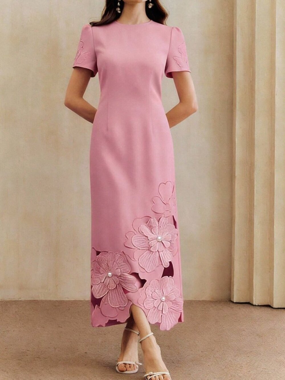 Pink Elegant Women's Straight Waist-Cinching Short Sleeve Dress